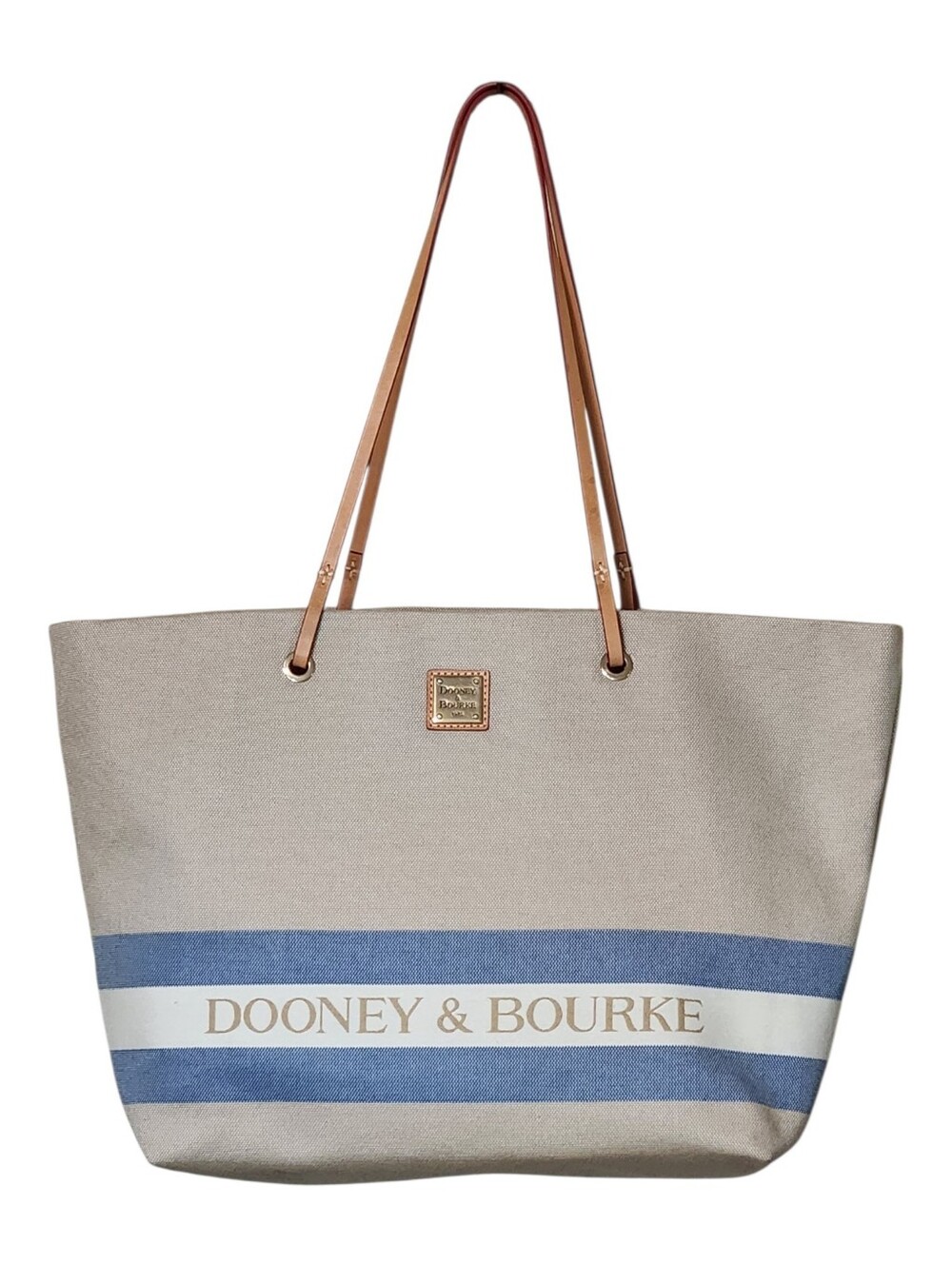 Dooney & Bourke Large Addison Beige Canvas Tote with Blue Stripes